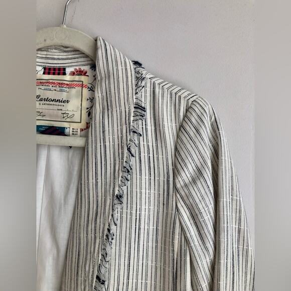 Anthropologie Cartonnier RARE Striped Fringed Linen White Blazer Women’s Size 8 - Picture 6 of 13